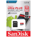 Atmiņas kartes 64Gb MicroSD SanDisk Ultra Plus + SD adapter (SDSQUB3-064G-GN6MA)