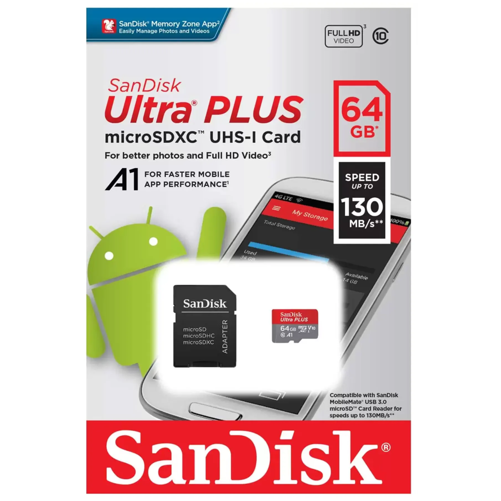 Atmiņas kartes 64Gb MicroSD SanDisk Ultra Plus + SD adapter (SDSQUB3-064G-GN6MA)