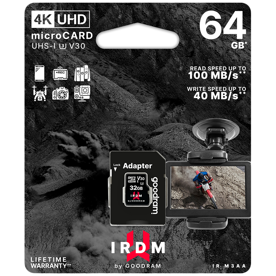 Atmiņas kartes IRDM by GOODRAM 64GB MICRO CARD UHS I U3 + adapter - IR-M3AA-0640R12 - foto 2