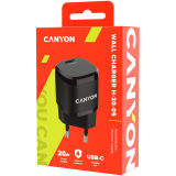 Kabeļu sistēmu sastāvdaļa (SCS) CANYON H-20-05, PD 20W Input: 100V-240V, Output: 1 port charge: USB-C:PD 20W (5V3A/9V2.22A/12V1.66A (CNE-CHA20B05)