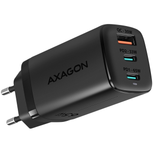 Kabeļu sistēmu sastāvdaļa (SCS) Axagon GaN wallcharger <240V / 3x port (USB + dual USB-C), PD3.0/QC4+/PPS/Apple. 65W total power. - ACU-DPQ65