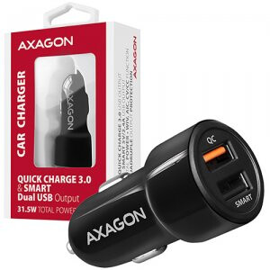Kabeļu sistēmu sastāvdaļa (SCS) AXAGON PWC-QC5 car charger Smart 5V 2,4A + QC3.0, 30W, black