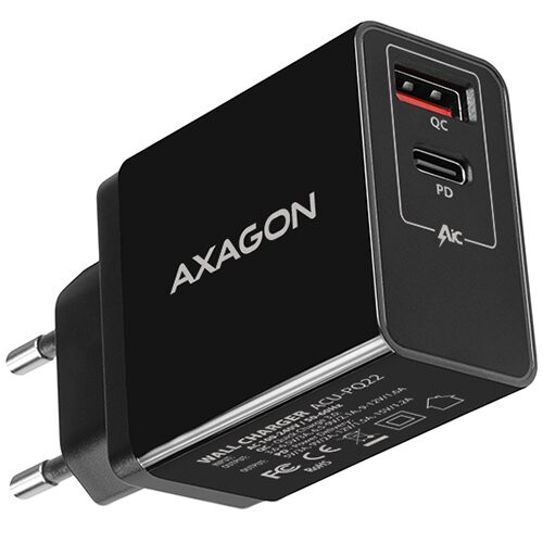 Kabeļu sistēmu sastāvdaļa (SCS) AXAGON ACU-PQ22 wall charger QC3.0/AFC/FCP + PD type-C, 22W, black