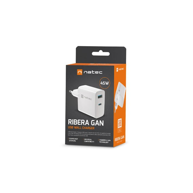 NATEC RIBERA GAN CHARGER 1X USB-A + 1X USB-C WHITE (NUC-2142) - foto 2