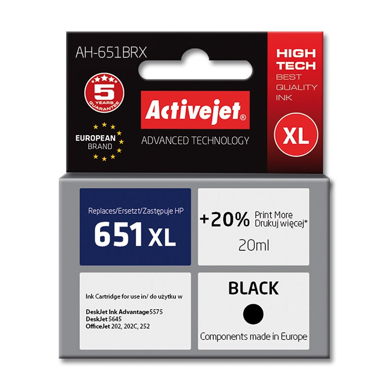 Activejet AH-651BRX Ink (replacement for HP 651 C2P10AE; Premium; 20 ml; black) (AH-651BRX)