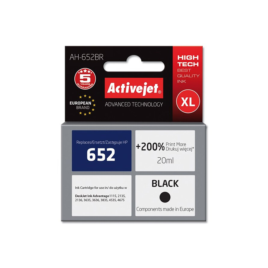 Activejet AH-652BR ink (replacement for HP 652 F6V25AE; Premium; 20 ml; black) (AH-652BR)