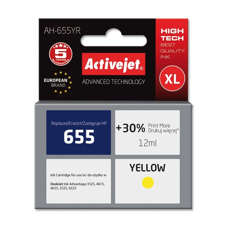 Activejet AH-655YR ink (replacement for HP 655 CZ112AE; Premium; 12 ml; yellow) (AH-655YR)