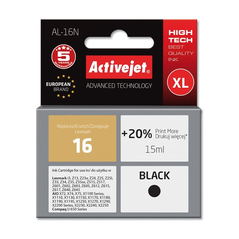 Activejet AL-16N Ink (replacement for Lexmark 16 10N0016; Supreme; 15 ml; black) (AL-16N)