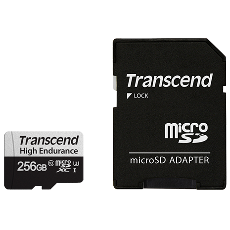 Carte mémoire 256GB MicroSD Transcend 350V + SD adapter (TS256GUSD350V)