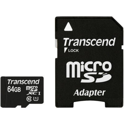 La carte mémoire 64Gb MicroSD Transcend + SD adapter (TS64GUSDU1)