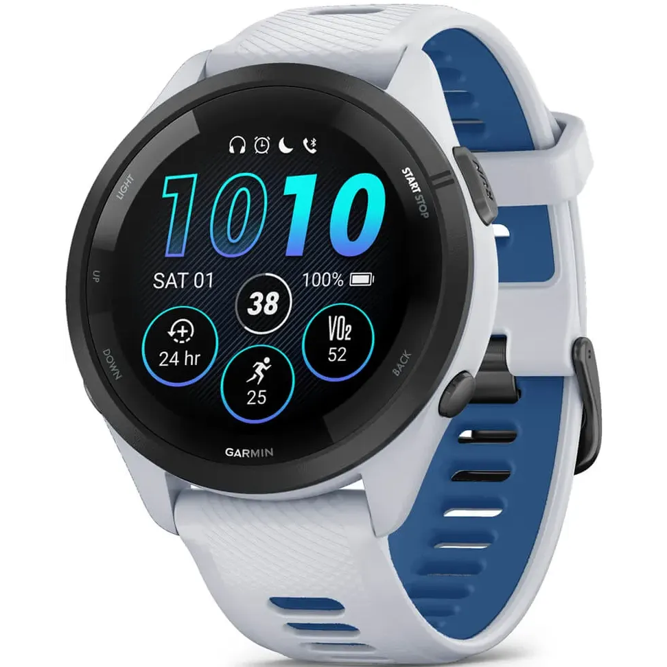 montres intelligentes Garmin Forerunner 265 Black Bezel with Whitestone Case and Whitestone/Tidal Blue Silicone Band - 010-02810-11