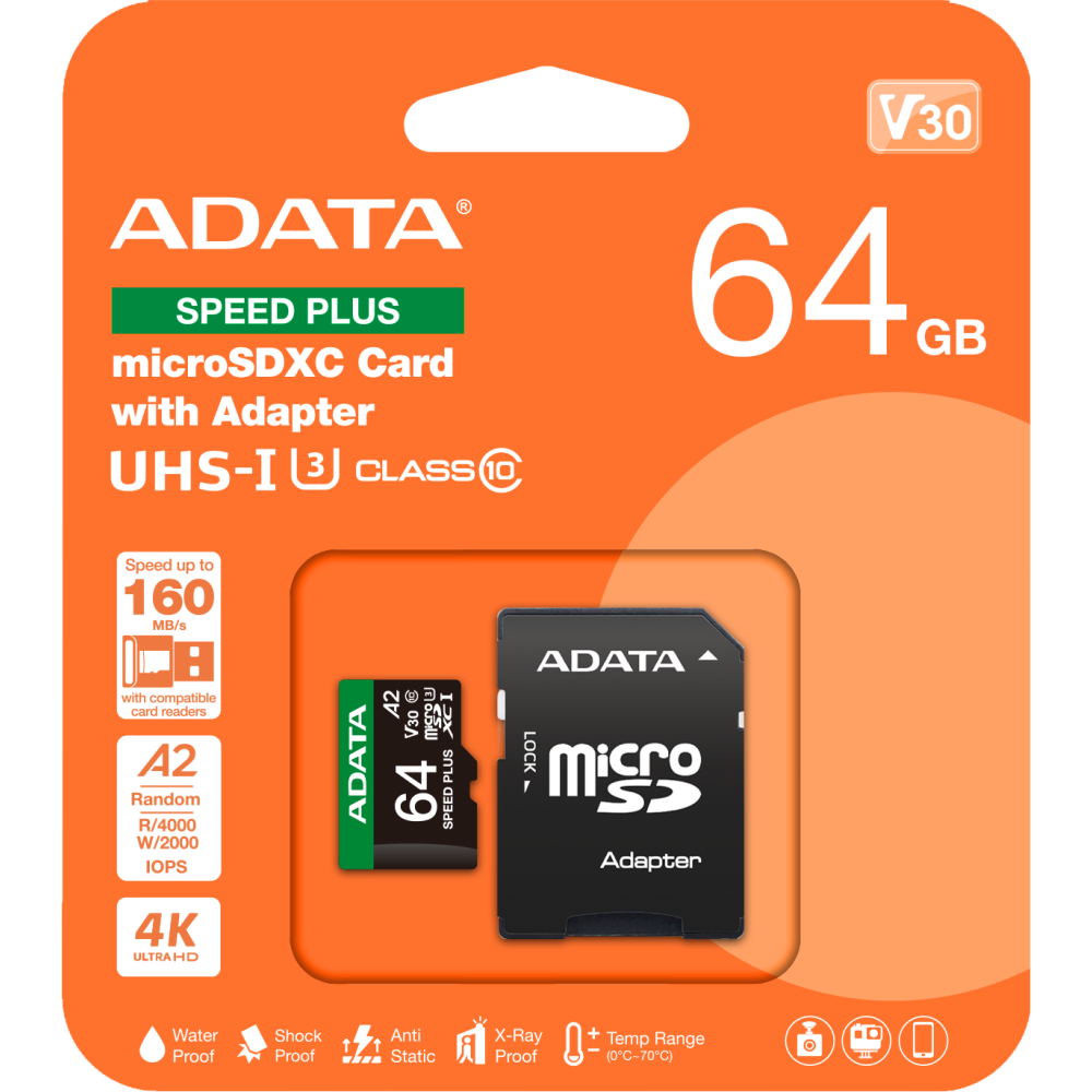 carte mémoire 64GB MicroSD ADATA SPEED PLUS + SD adapter (UD64GUI3V30A2SP-RA1) - photo 2