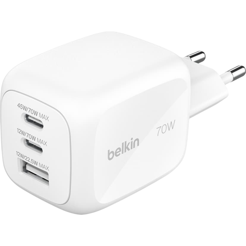 chargeur secteur pour réseau Belkin BoostCharge Pro 3-Port GaN Wall Charger 70W White - WCH018HQWH