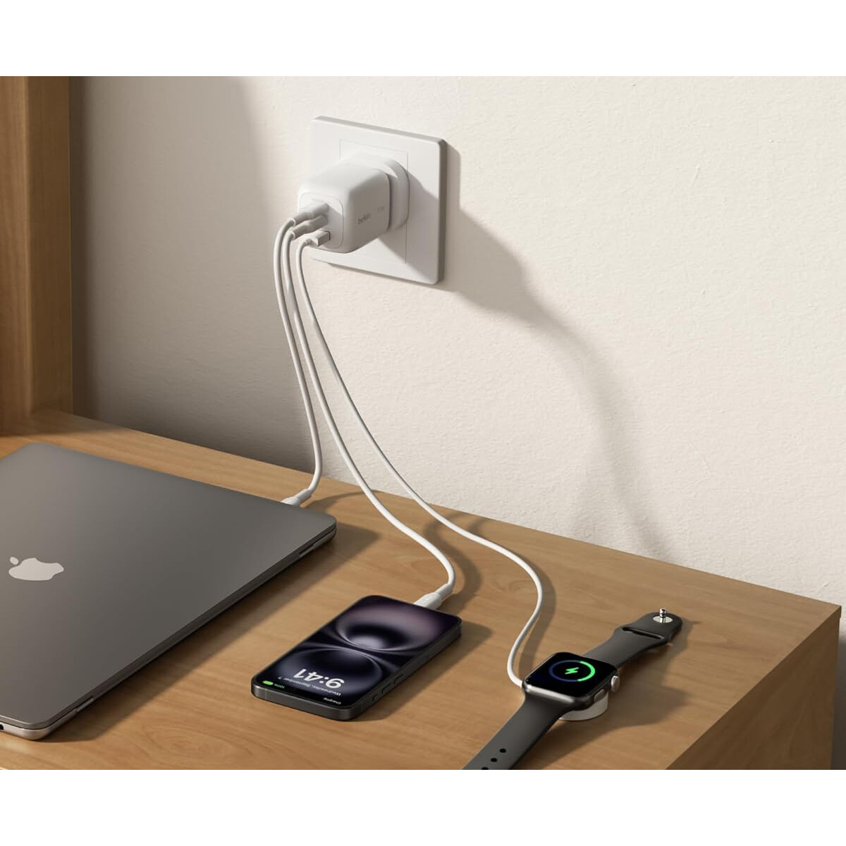 chargeur secteur pour réseau Belkin BoostCharge Pro 3-Port GaN Wall Charger 70W White - WCH018HQWH - photo 4