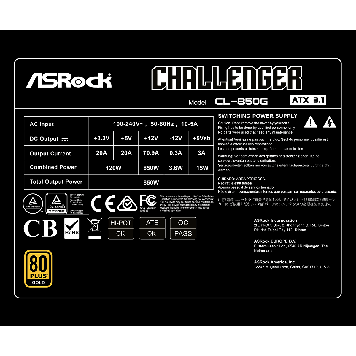 Alimentation électrique 850W ASRock Challenger CL-850G - 90-UXC085-GNEAAA - photo 7