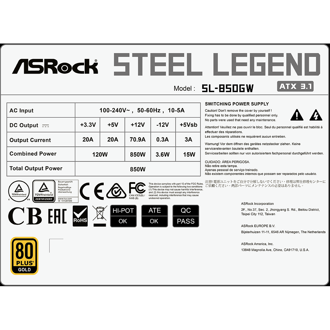 Alimentation électrique 850W ASRock Steel Legend SL-850GW - 90-UXS085-GFEABA - photo 8