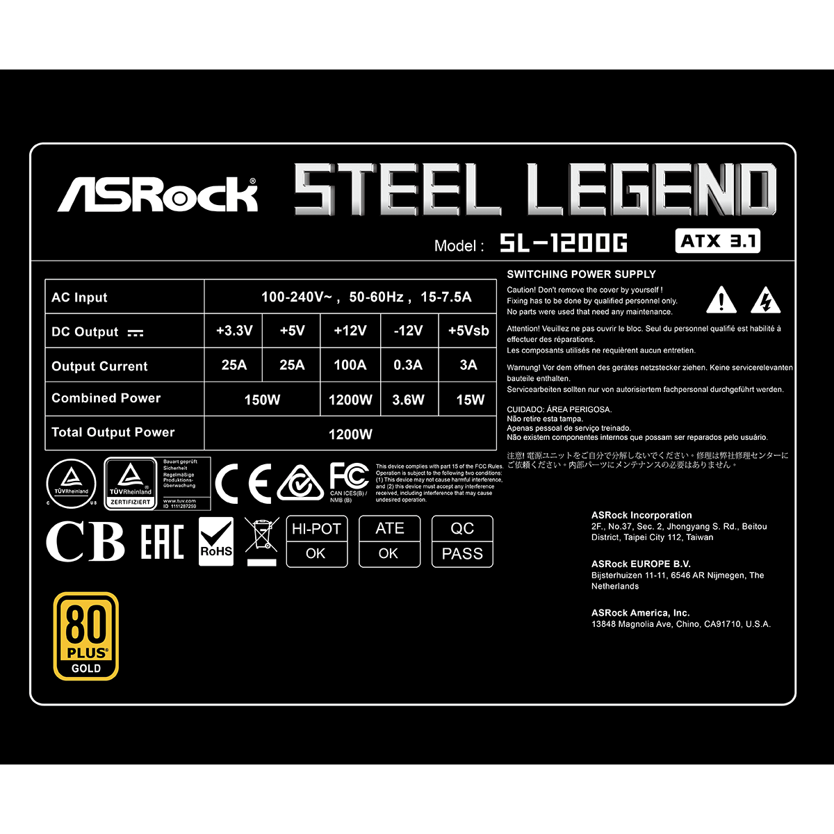 Alimentation électrique 1200W ASRock Steel Legend SL-1200G - 90-UXS120-GFEAAA - photo 9