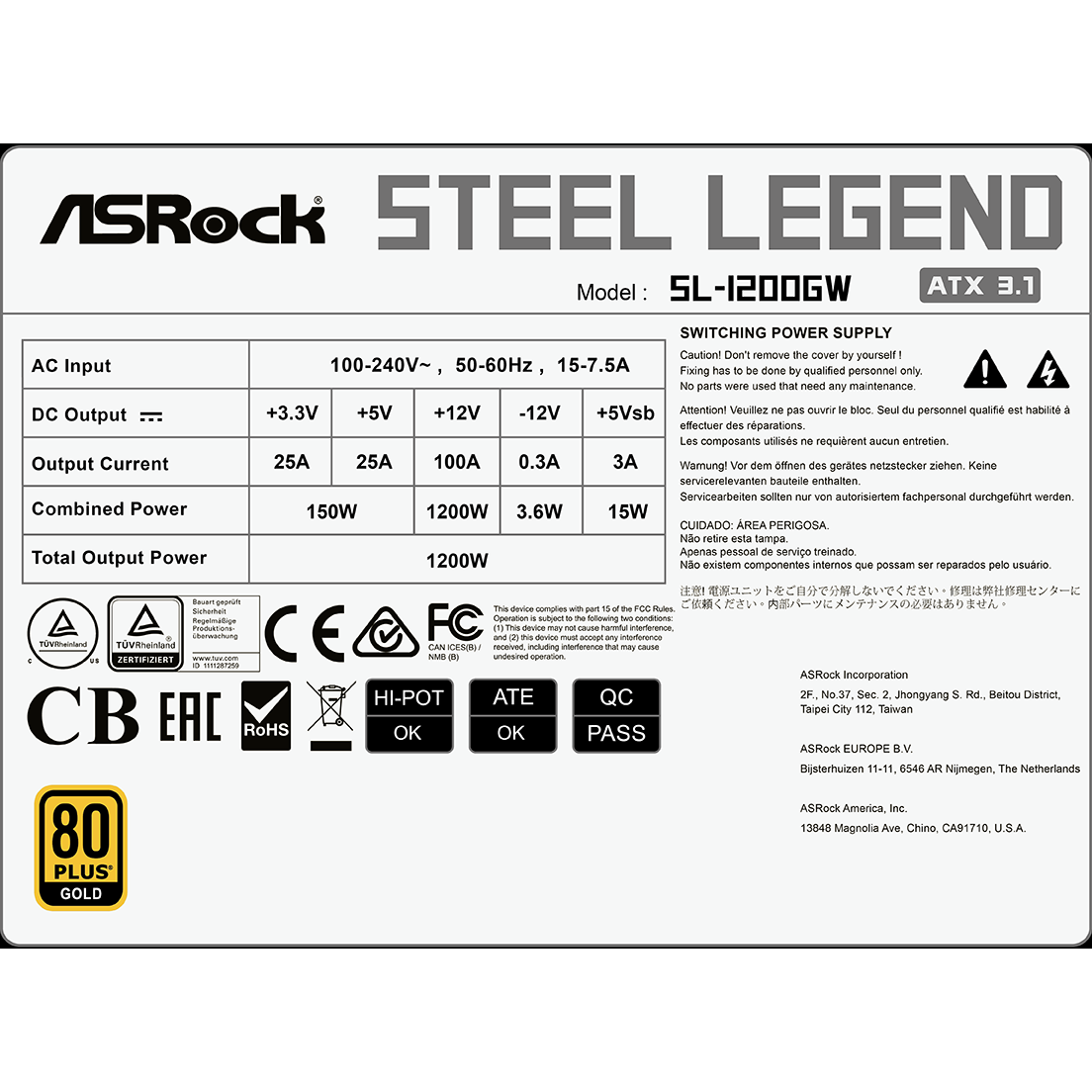 Alimentation électrique 1200W ASRock Steel Legend SL-1200GW - 90-UXS120-GFEABA - photo 9