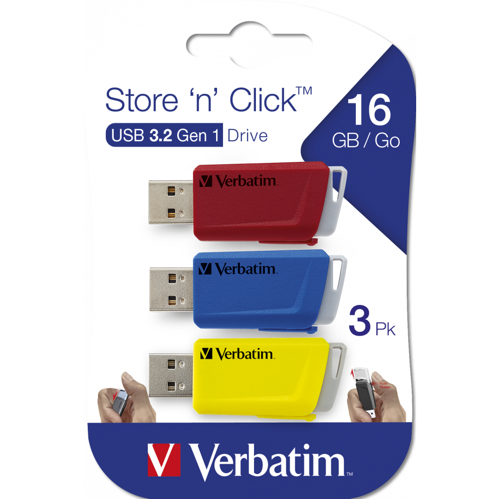 USB Flash Drive 16GB Verbatim Store 'n' Click Red/Blue/Yellow (49306) (3 Pcs)