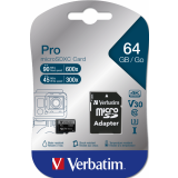 Carte mémoire 64GB MicroSD Verbatim Pro + SD adapter (47042)