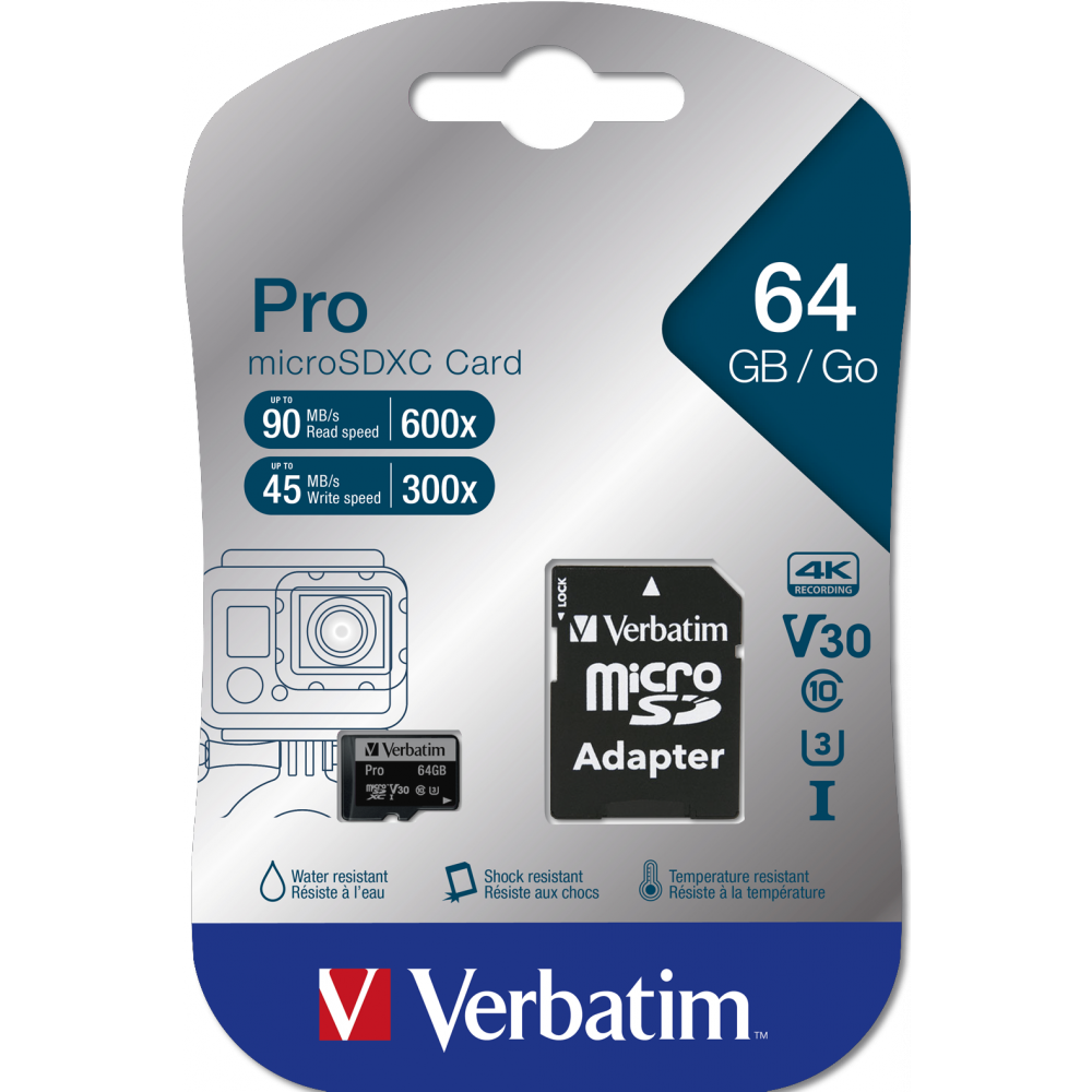 Carte mémoire 64GB MicroSD Verbatim Pro + SD adapter (47042) - photo 2