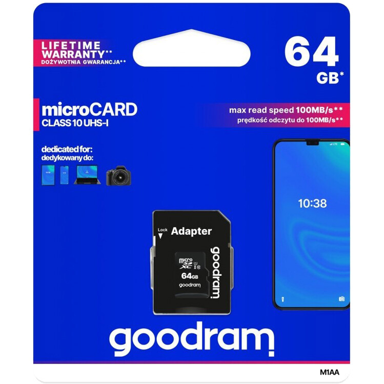 Carte mémoire 64GB MicroSD GOODRAM M1AA + SD adapter (M1AA-0640R12) - photo 2