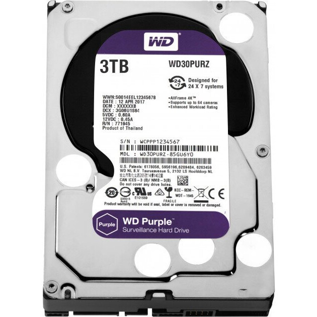 Cietais disks 3Tb SATA-III WD Purple (WD30PURZ)