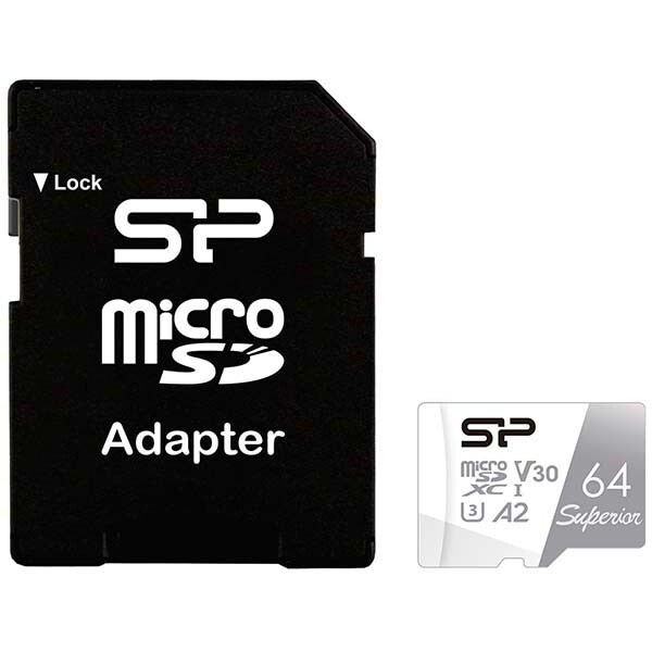 Atmiņas kartes 64Gb MicroSD Silicon Power Superio + SD adapter (SP064GBSTXDA2V20SP)