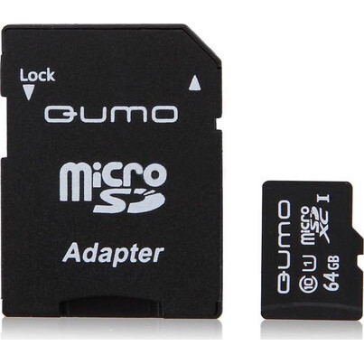 Atmiņas kartes 64Gb MicroSD QUMO + SD adapter (QM64GMICSDXC10U1)