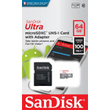 Atmiņas kartes 64Gb MicroSD SanDisk Ultra + SD adapter (SDSQUNR-064G-GN3MA)
