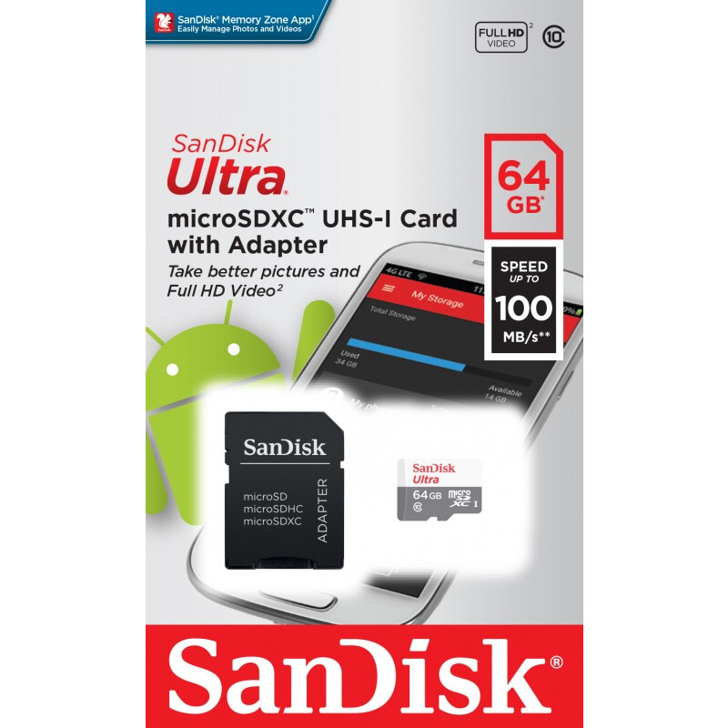 Atmiņas kartes 64Gb MicroSD SanDisk Ultra + SD adapter (SDSQUNR-064G-GN3MA)