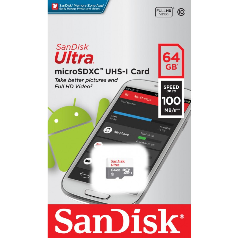 Atmiņas kartes 64Gb MicroSD SanDisk Ultra (SDSQUNR-064G-GN3MN)