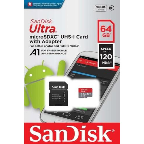 La carte mémoire 64Gb MicroSD SanDisk Ultra + SD adapter (SDSQUA4-064G-GN6MA)
